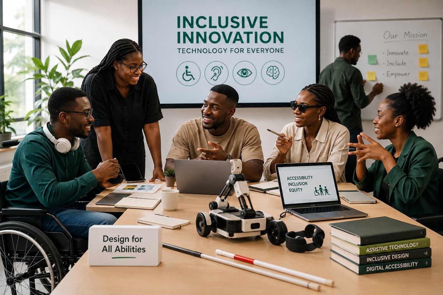 People collaborating around inclusive technology and accessibility solutions.
